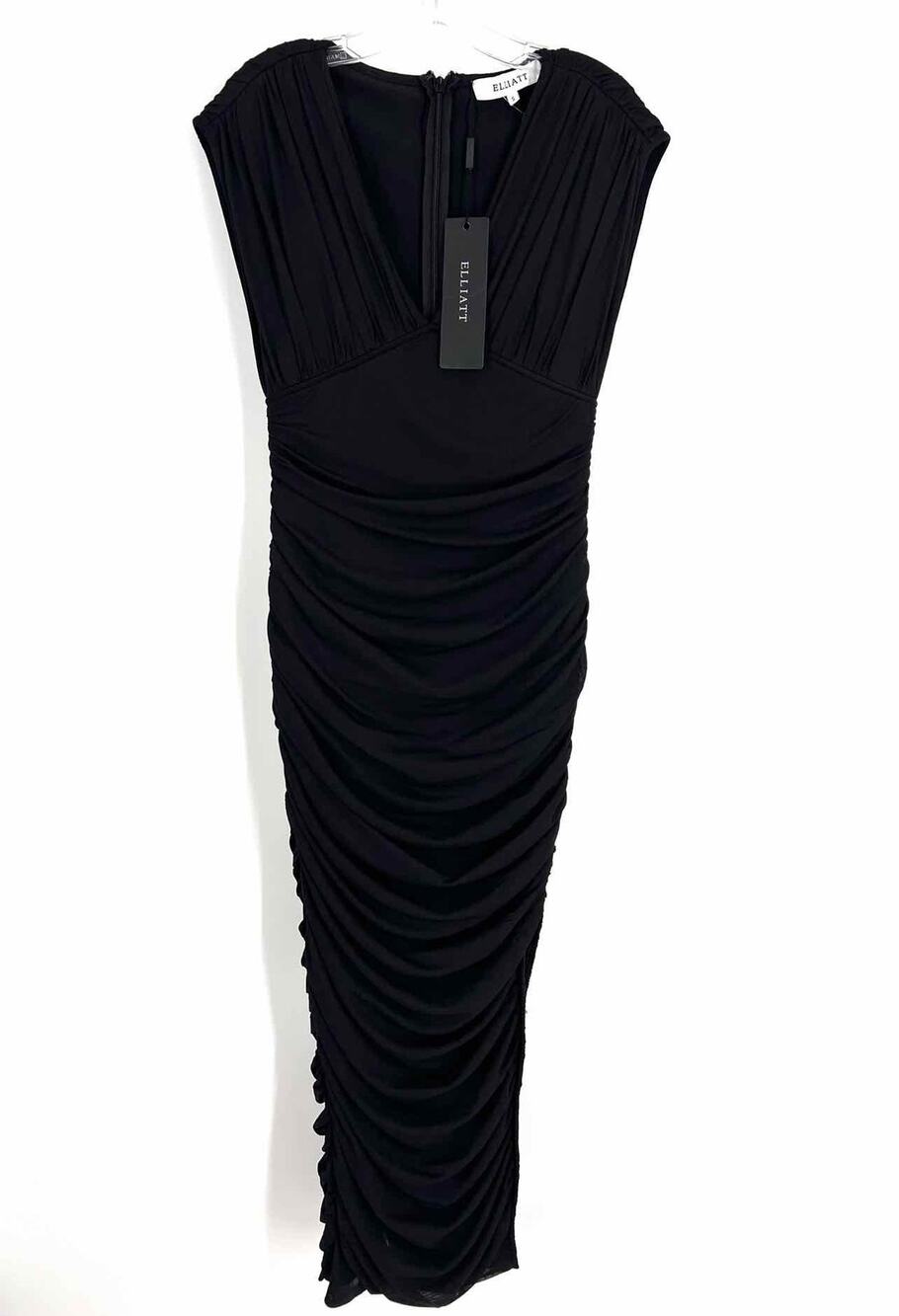 Elliatt Size S Black Ruched Mesh Designer Dress Maxi